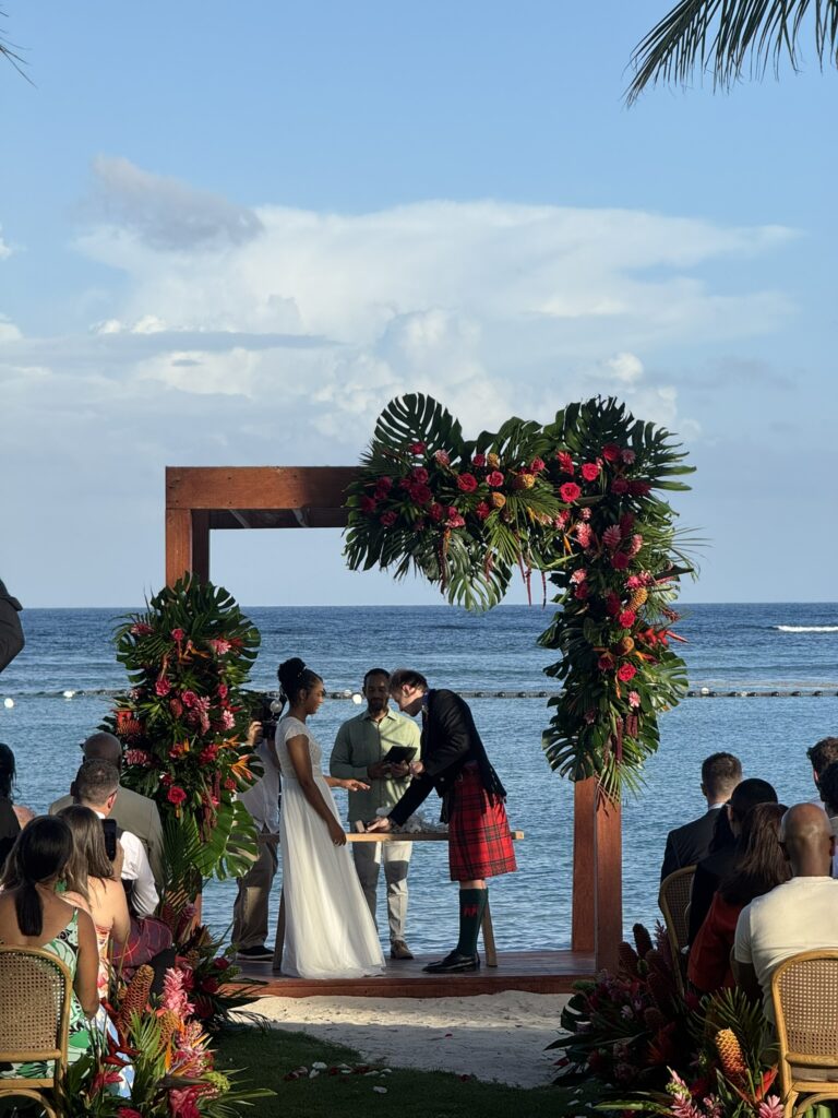 Wedding couple on dock at sunset Punta Cana - Destination I Do